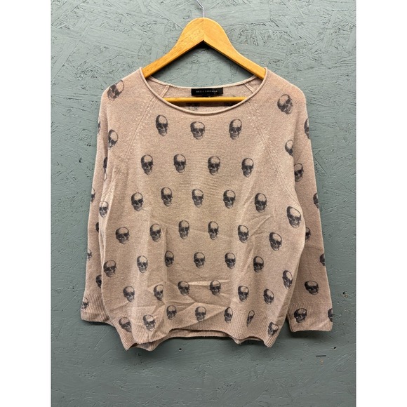 SKULL CASHMERE Women's Pink Beige Skull Print Sweater Medium 100% Cashmere Knit - Picture 1 of 8